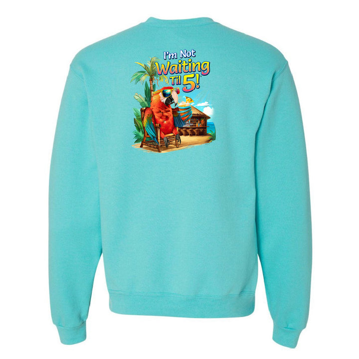 Turquoise sweatshirt with a colorful graphic and text on the back, on a white background