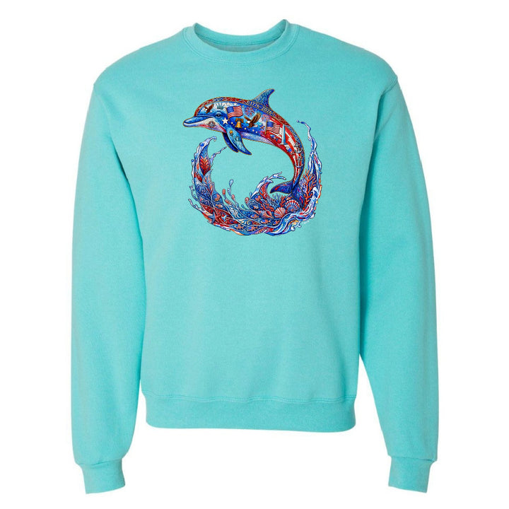 Turquoise sweatshirt with a colorful dolphin design on a white background