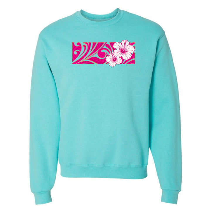 Turquoise sweatshirt with pink and white floral design on a white background