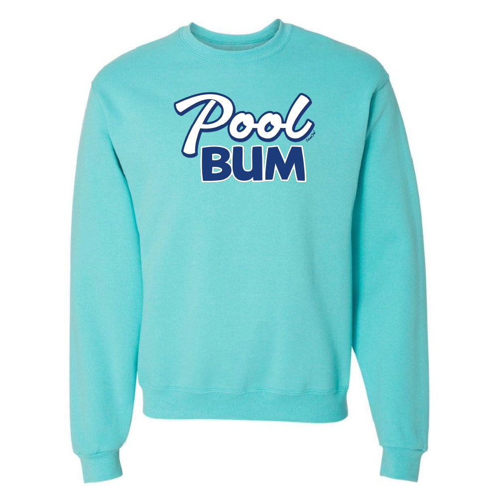 Turquoise sweatshirt with 'Pool Bum' text on a white background