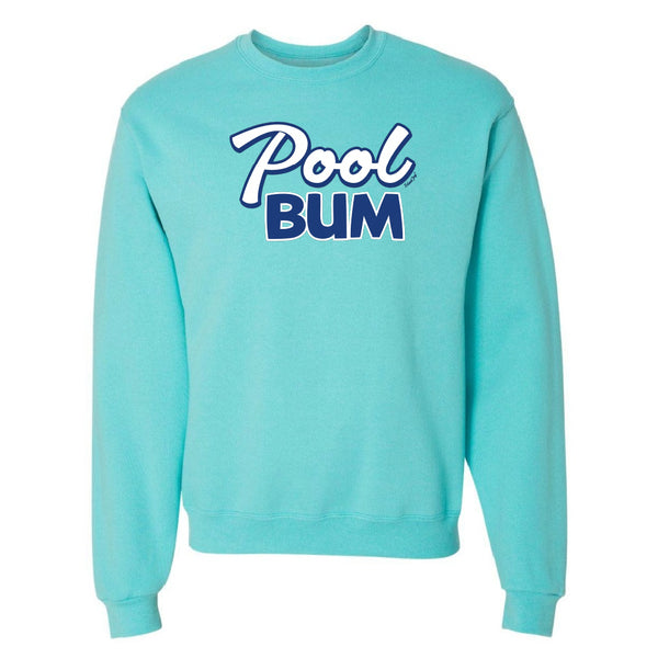 Turquoise sweatshirt with 'Pool Bum' text on a white background