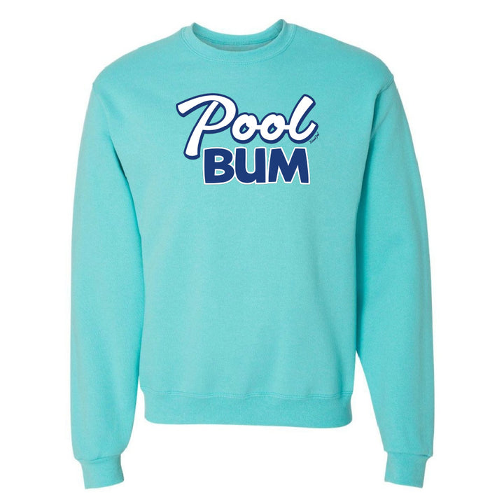 Turquoise sweatshirt with 'Pool Bum' text on a white background