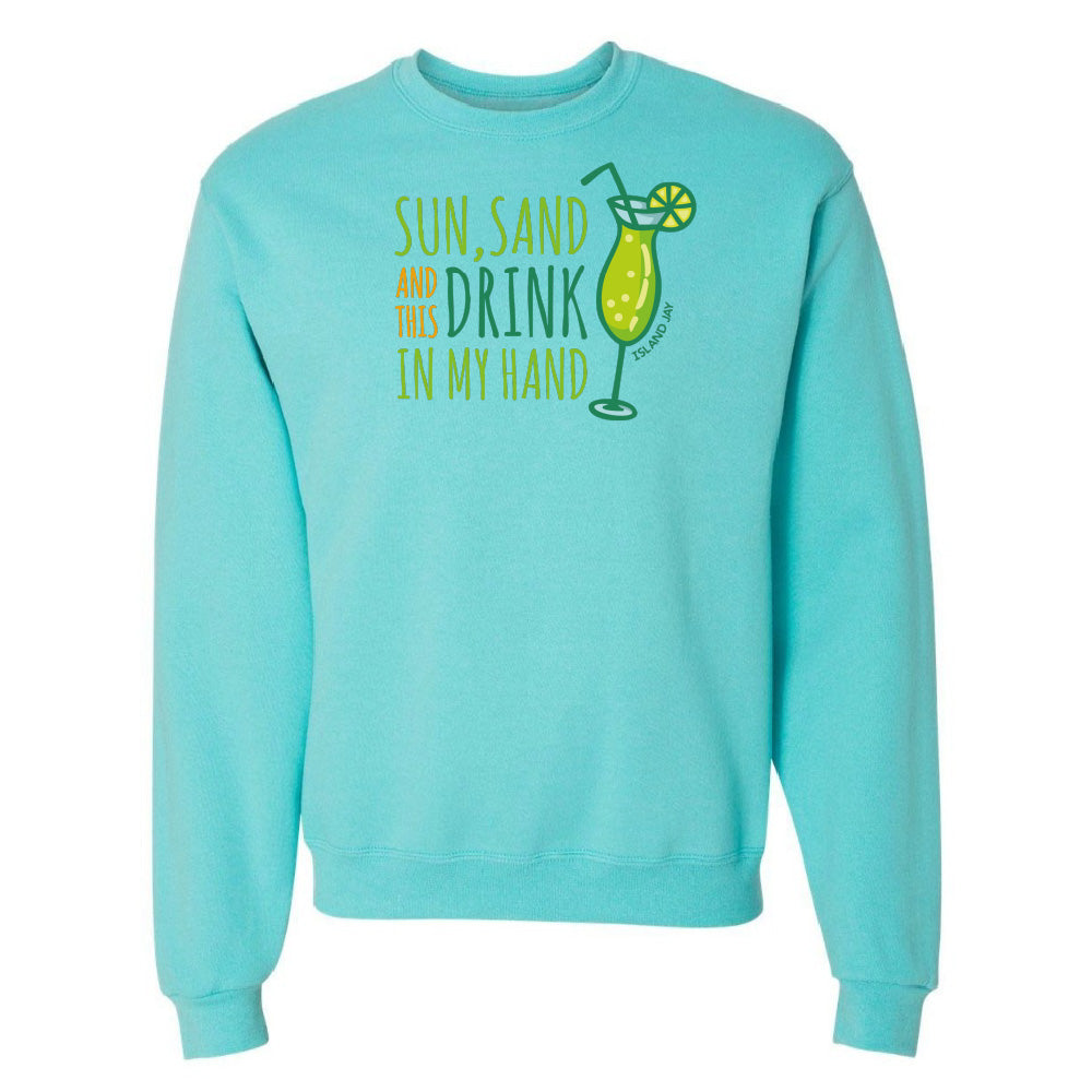 Turquoise sweatshirt with a graphic and text on a white background