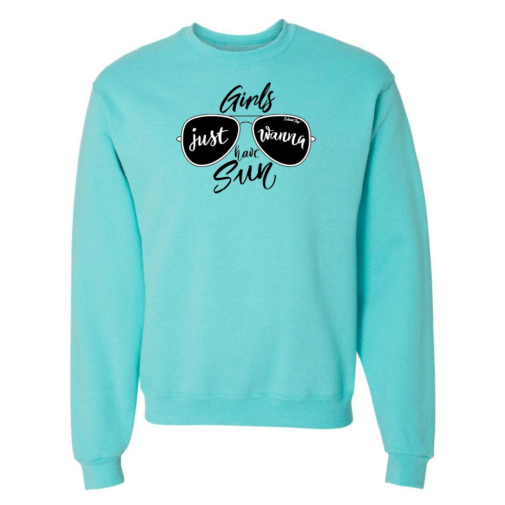Light blue sweatshirt with sunglasses graphic and text on a white background