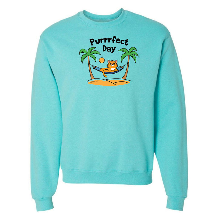 Light blue sweatshirt with a cat graphic and 'Purrfect Day' text on a white background