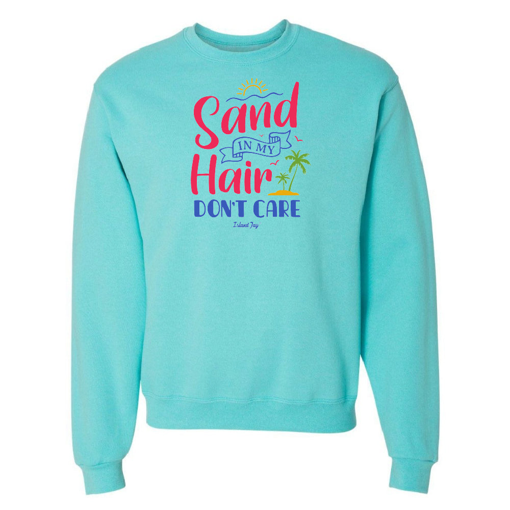Turquoise sweatshirt with 'Sand in My Hair Don't Care' text and graphics on a white background