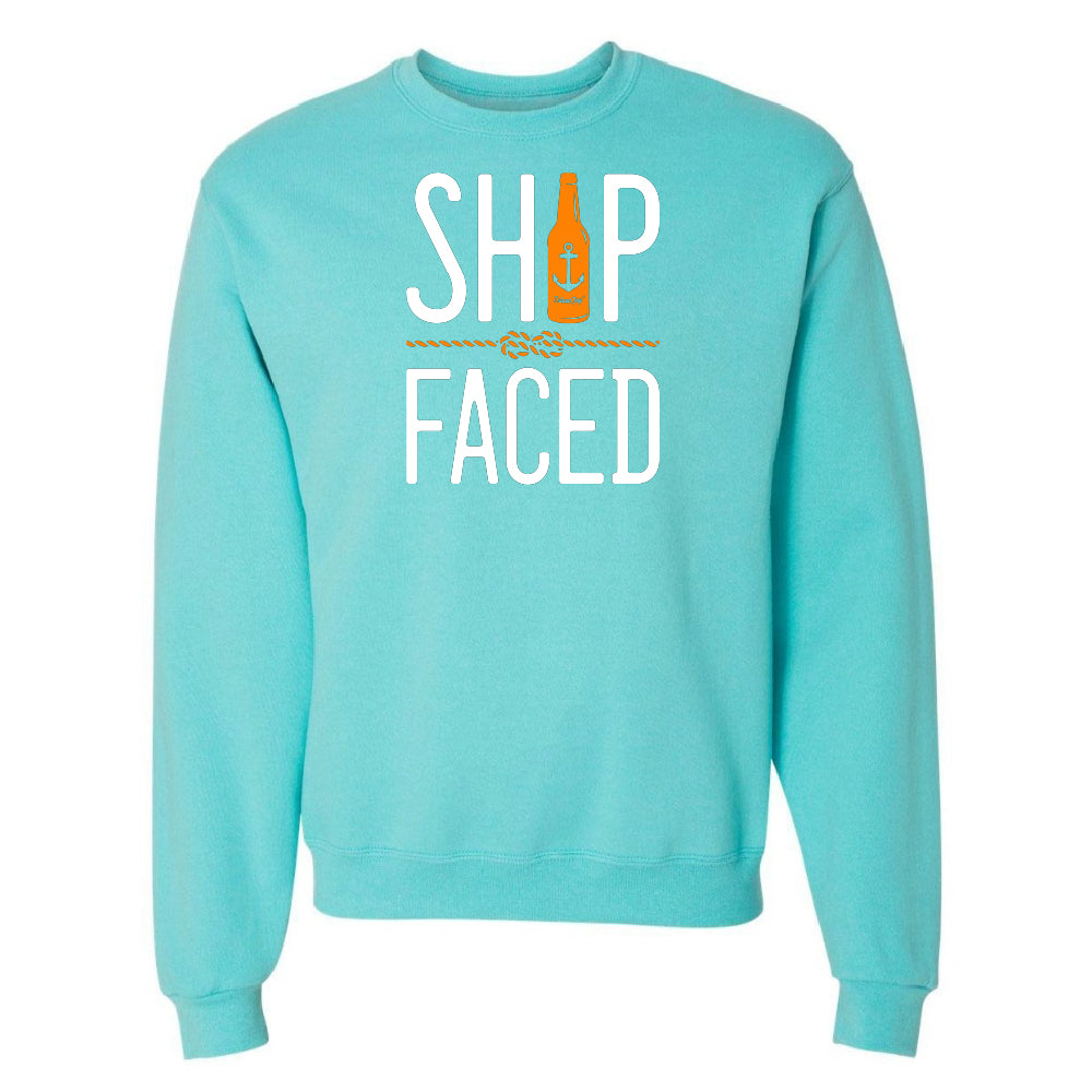 Light blue sweatshirt with 'Ship Faced' text and bottle graphic on a white background