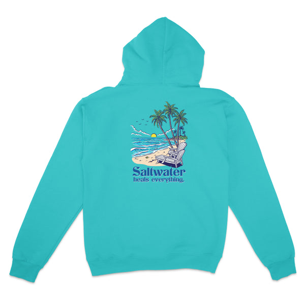 Turquoise hoodie with a beach graphic and 'Saltwater heals everything' text on the back, against a white background.