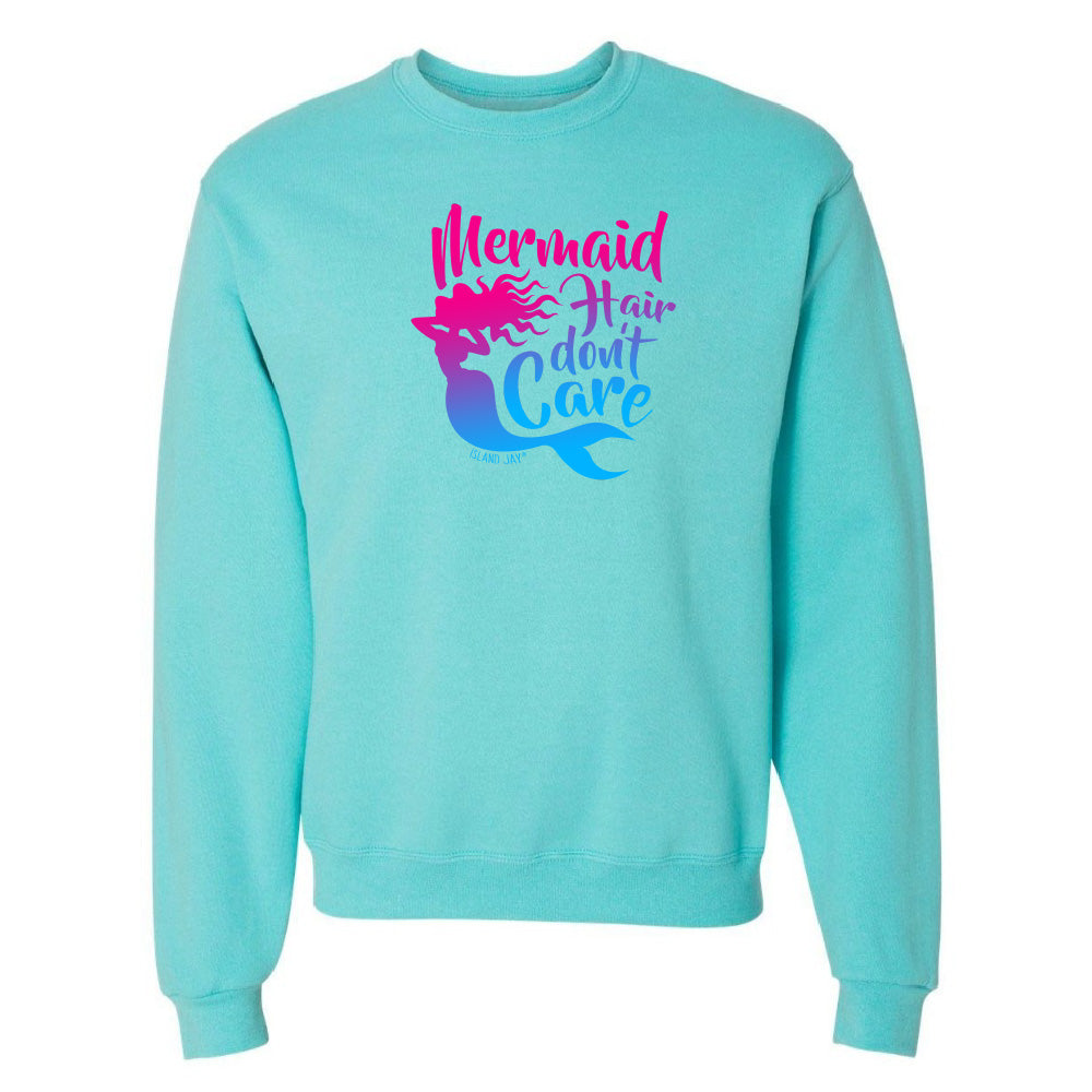 Turquoise sweatshirt with 'Mermaid Hair Don't Care' text and mermaid graphic on a white background