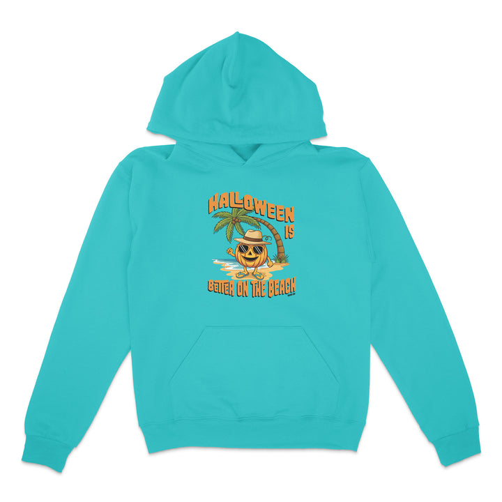 Turquoise hoodie with Halloween design featuring a palm tree and beach elements on a white background