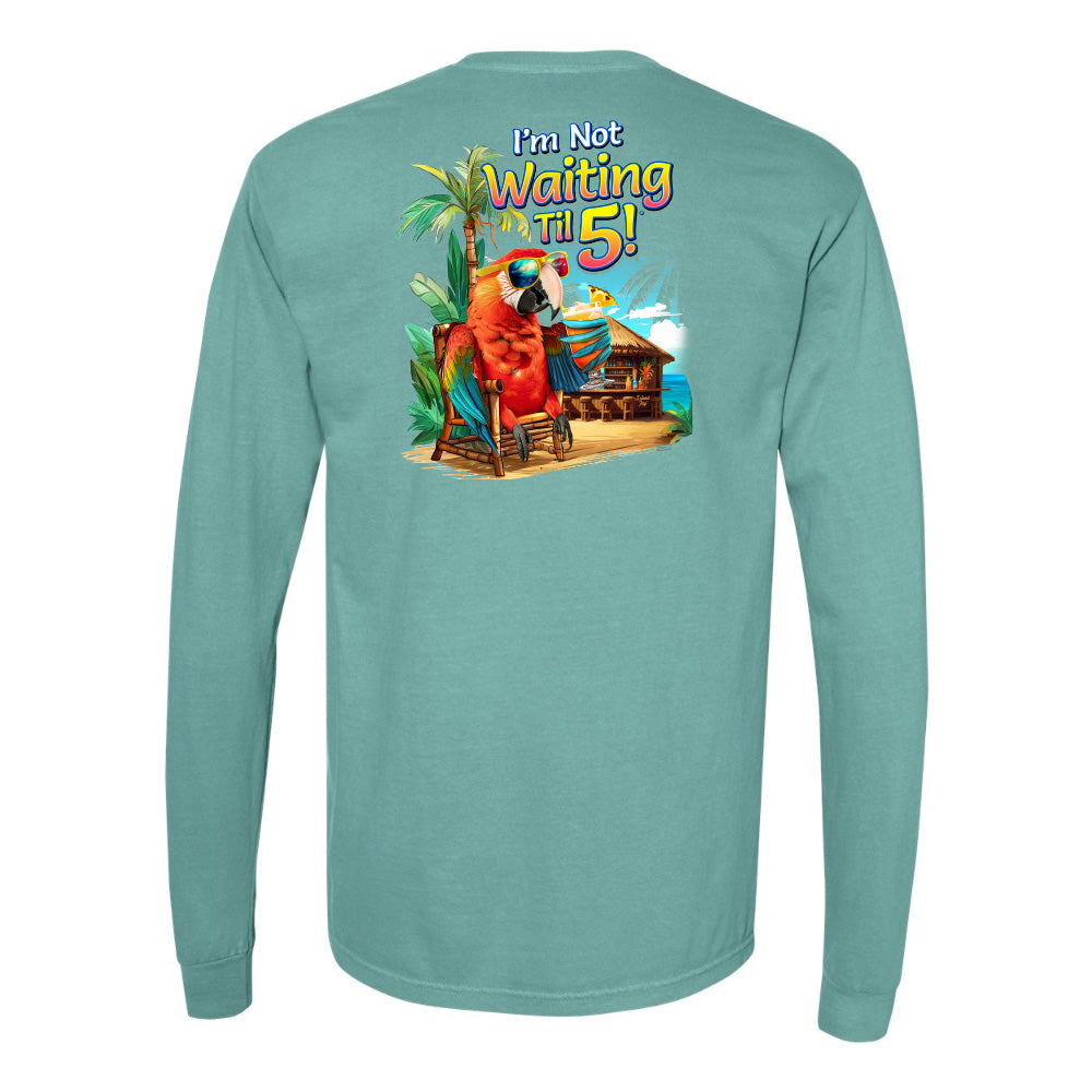 Teal long-sleeve shirt with a colorful parrot graphic and text on the back