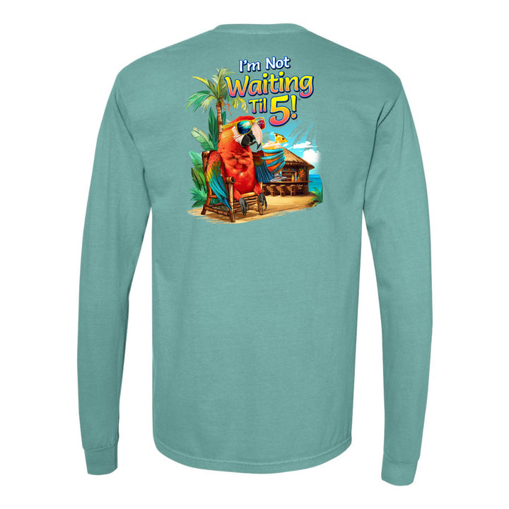 Teal long-sleeve shirt with a colorful parrot graphic and text on the back