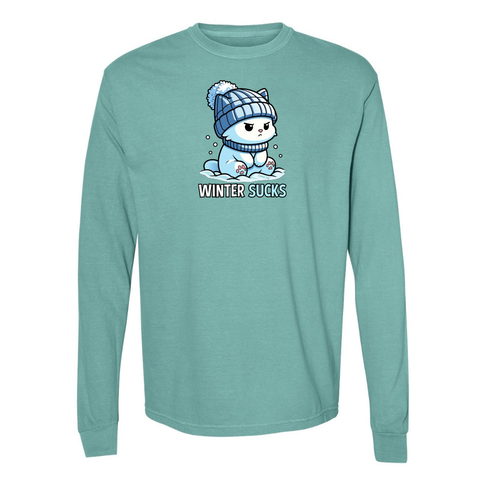 Teal long-sleeve shirt with a cartoon character and 'Winter Sucks' text on a white background