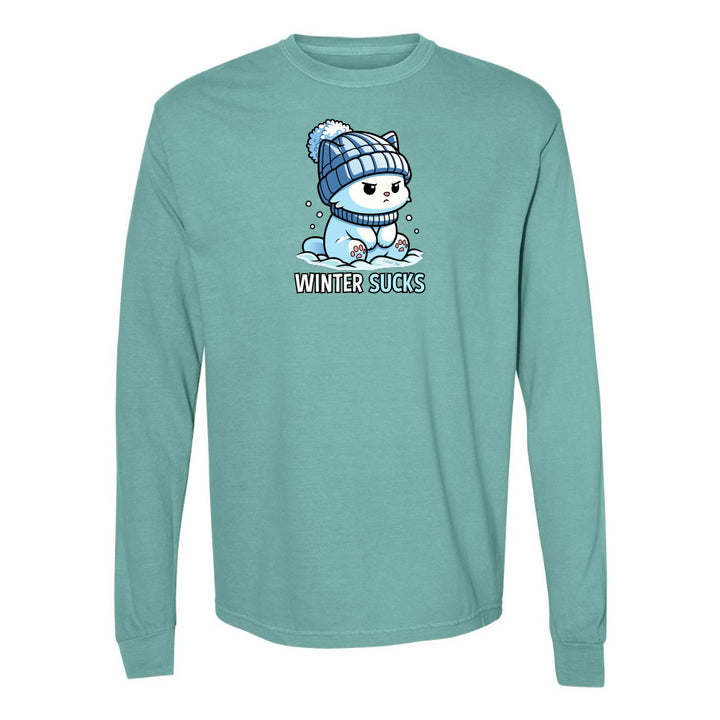 Teal long-sleeve shirt with a cartoon character and 'Winter Sucks' text on a white background
