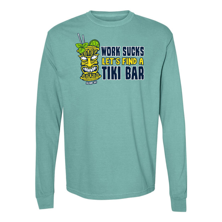 Teal long-sleeve shirt with tiki bar graphic and text on a white background
