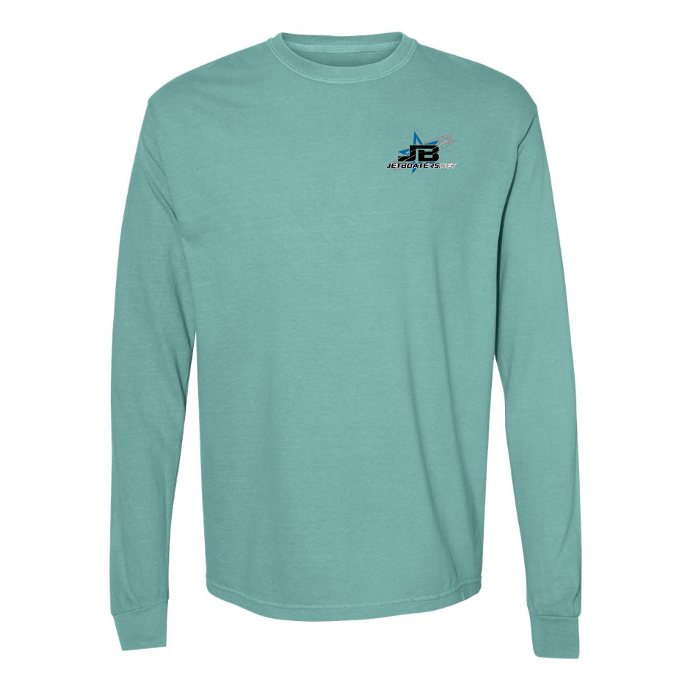 Teal long-sleeve shirt with a logo on the chest against a white background