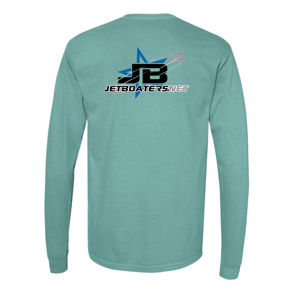 Teal long-sleeve shirt with JetBoaters.net logo on the back against a white background