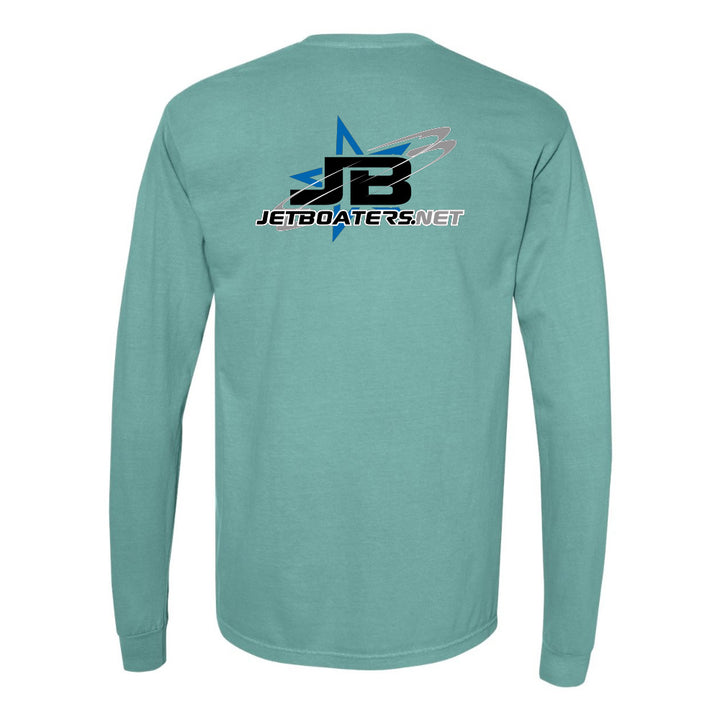 Teal long-sleeve shirt with JetBoaters.net logo on the back against a white background