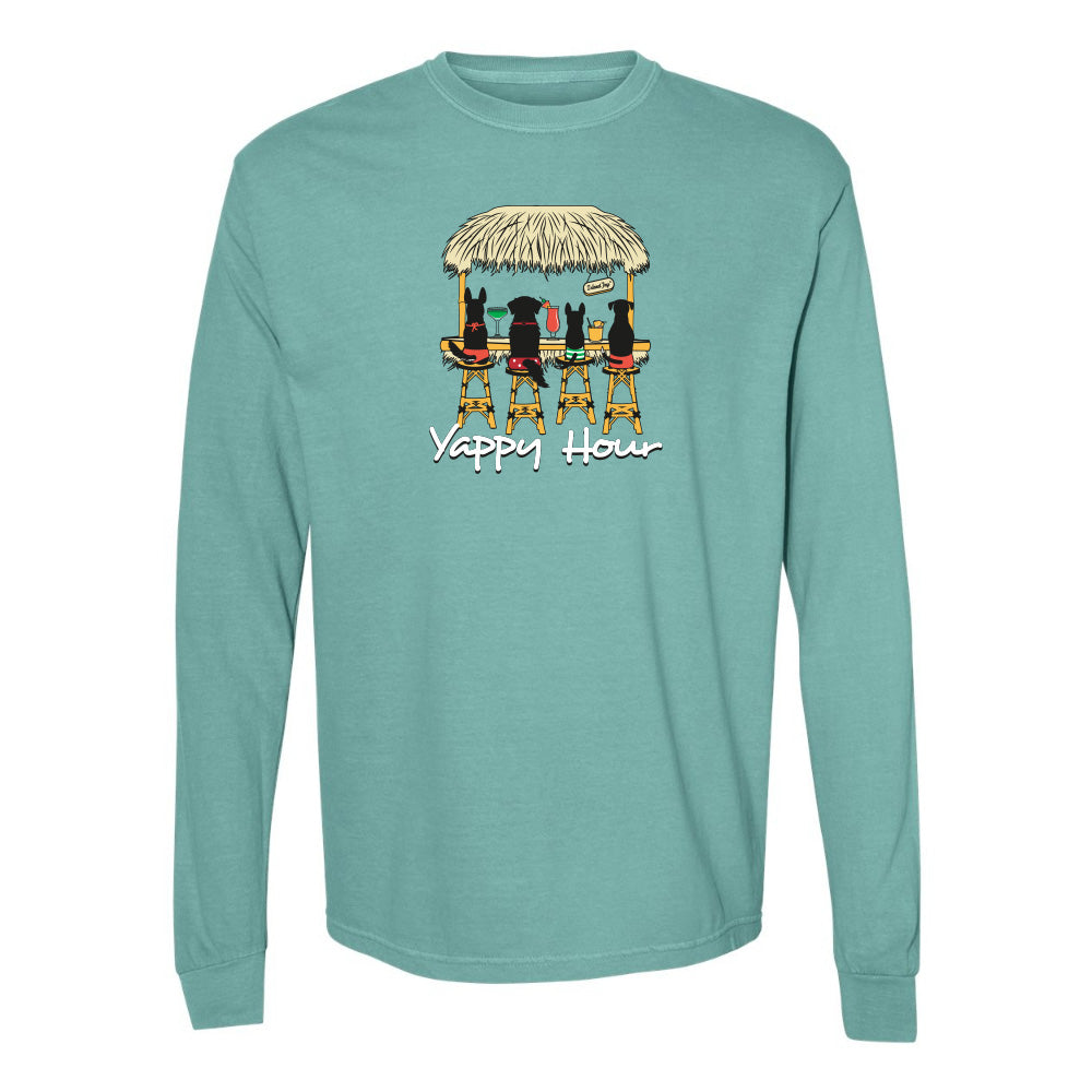 Teal long-sleeve shirt with a graphic of dogs at a bar and 'Yappy Hour' text on a white background