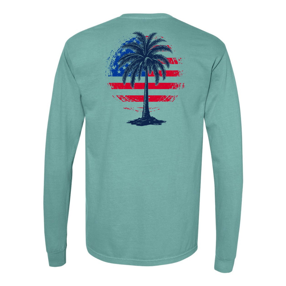 Teal long-sleeve shirt with a palm tree design on the back against a white background