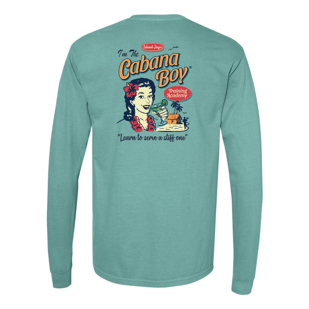 Teal long-sleeve shirt with vintage-style graphic and text on the back