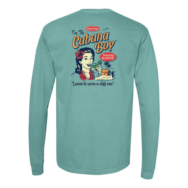 Teal long-sleeve shirt with vintage-style graphic and text on the back