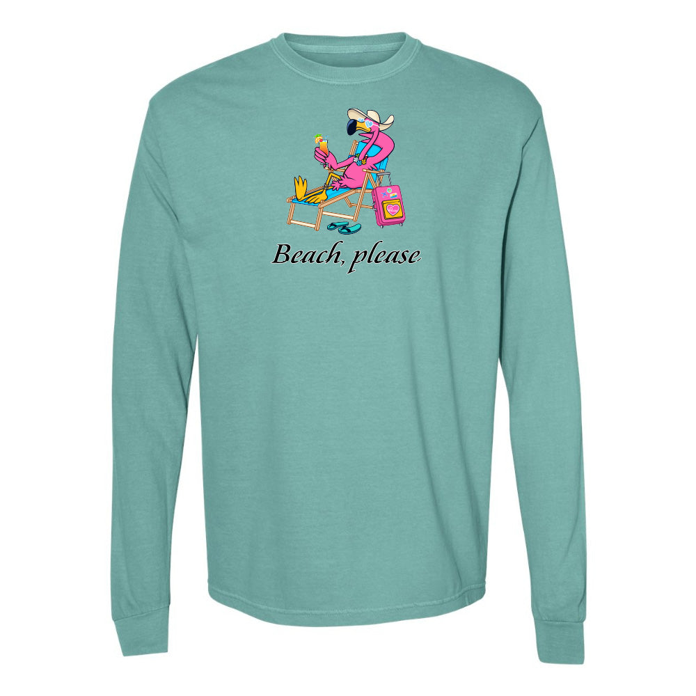 Teal long-sleeve shirt with a flamingo cartoon character and 'Beach, please' text 