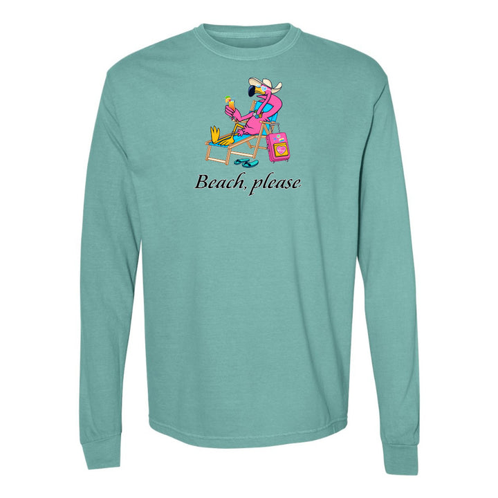 Teal long-sleeve shirt with a flamingo cartoon character and 'Beach, please' text 