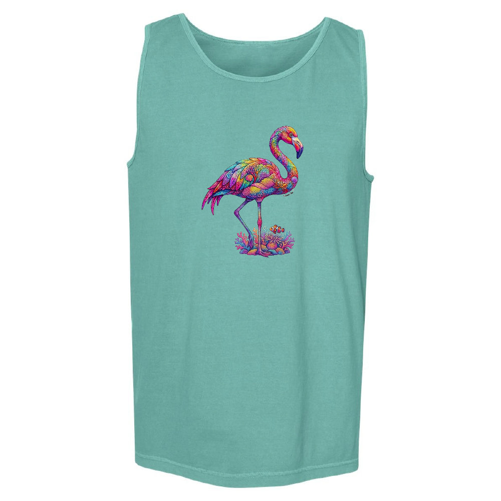 Turquoise tank top with a colorful flamingo design on a white background