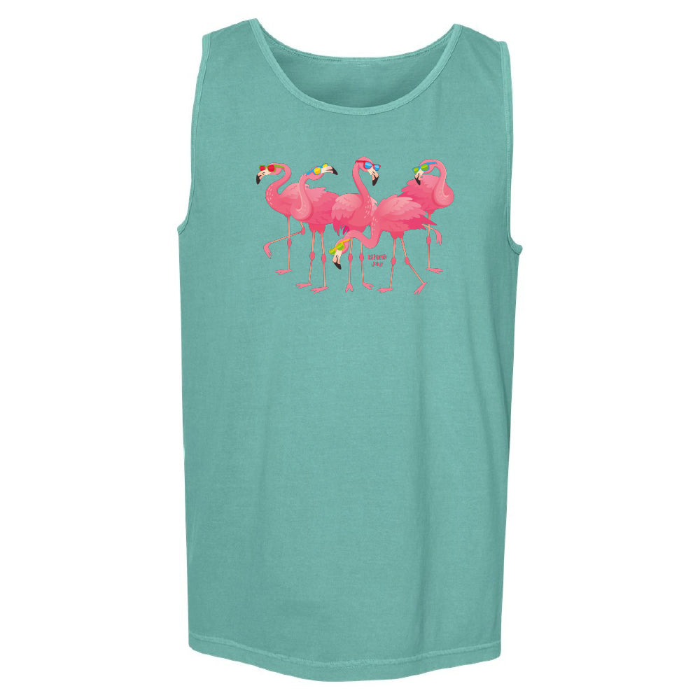 Teal tank top with pink flamingo design on a white background