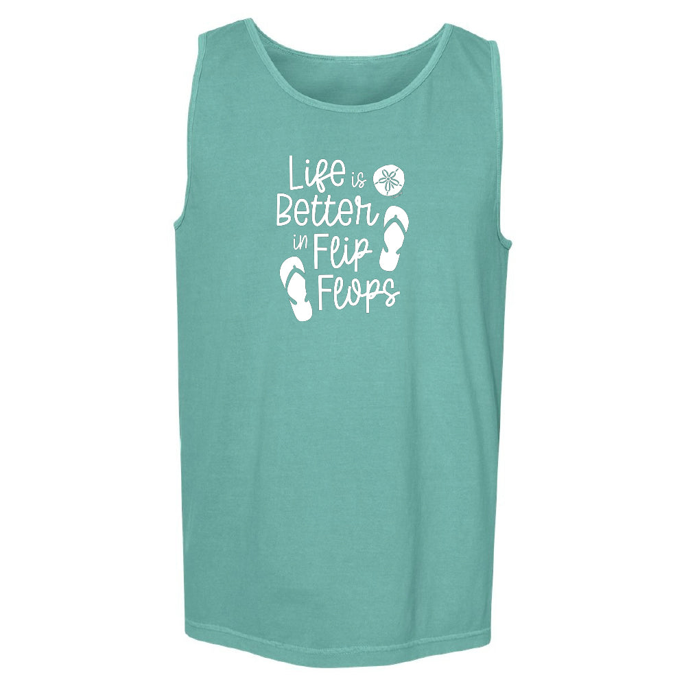 Teal tank top with 'Life is Better in Flip Flops' text and flip flop icons on a white background