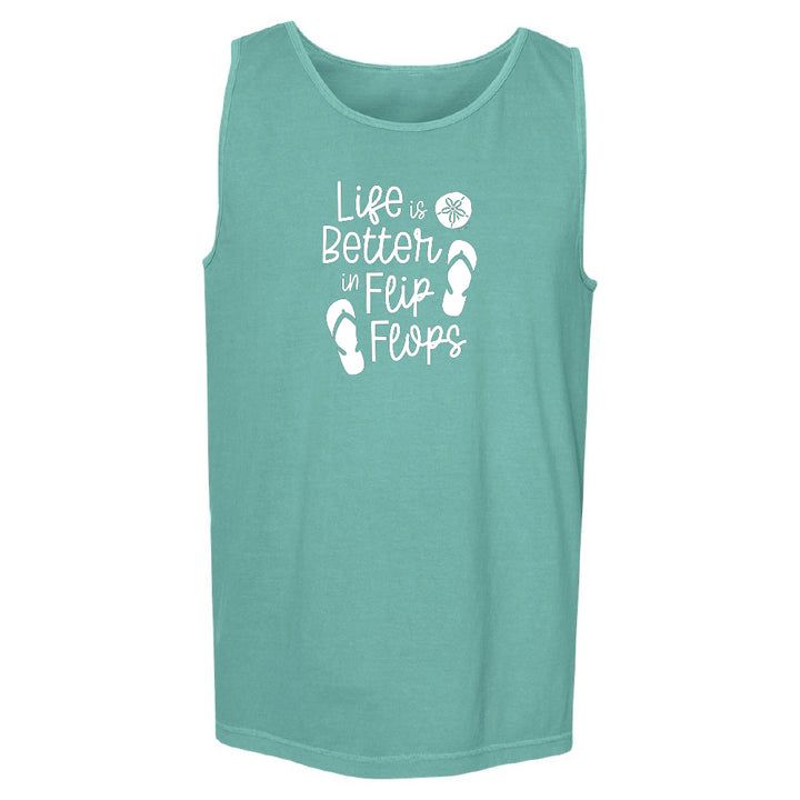Teal tank top with 'Life is Better in Flip Flops' text and flip flop icons on a white background