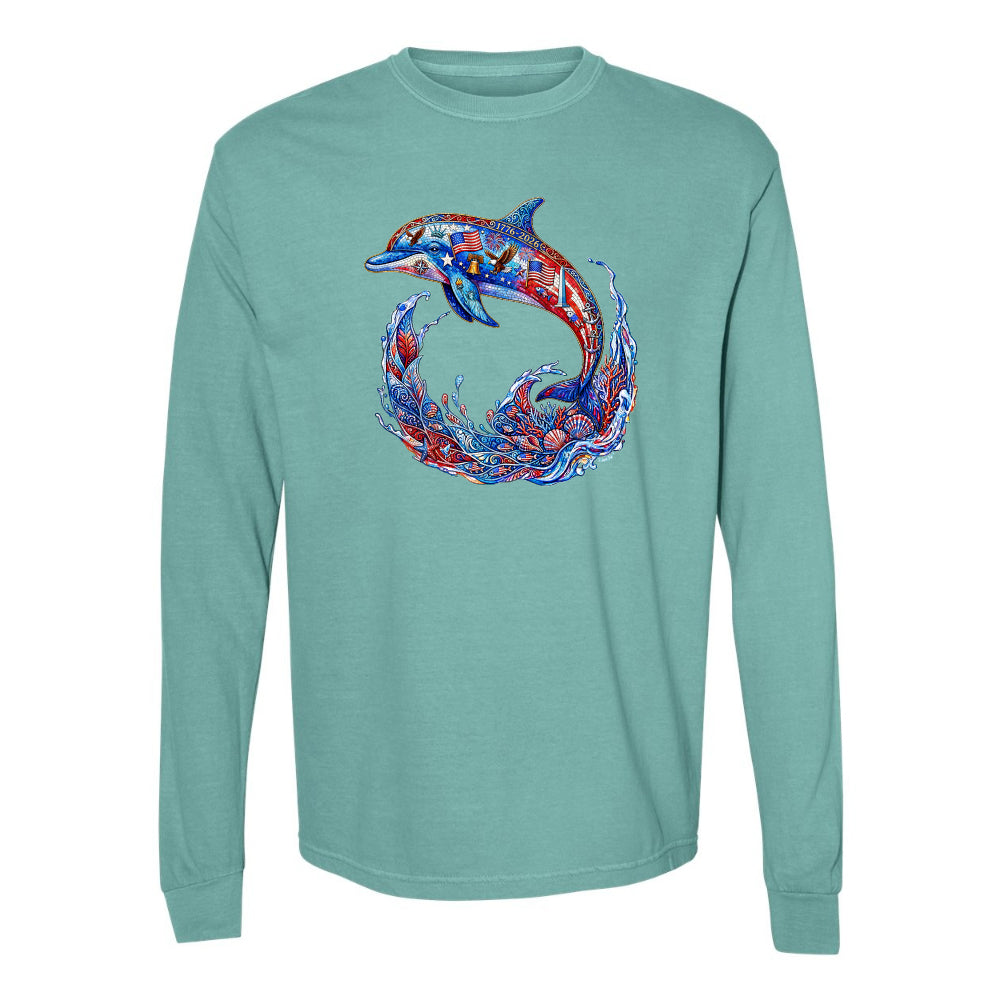 Teal long-sleeve shirt with a colorful dolphin design on a white background