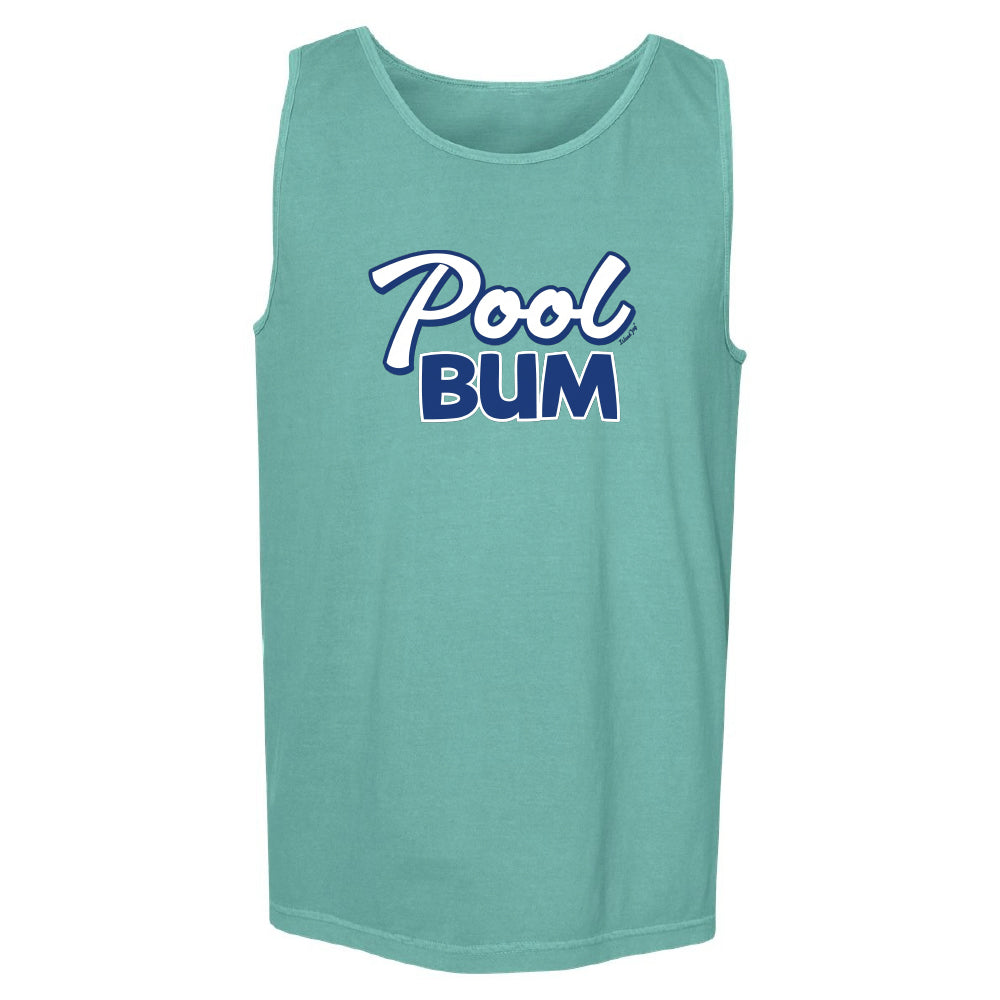 Teal tank top with 'Pool Bum' text on a white background