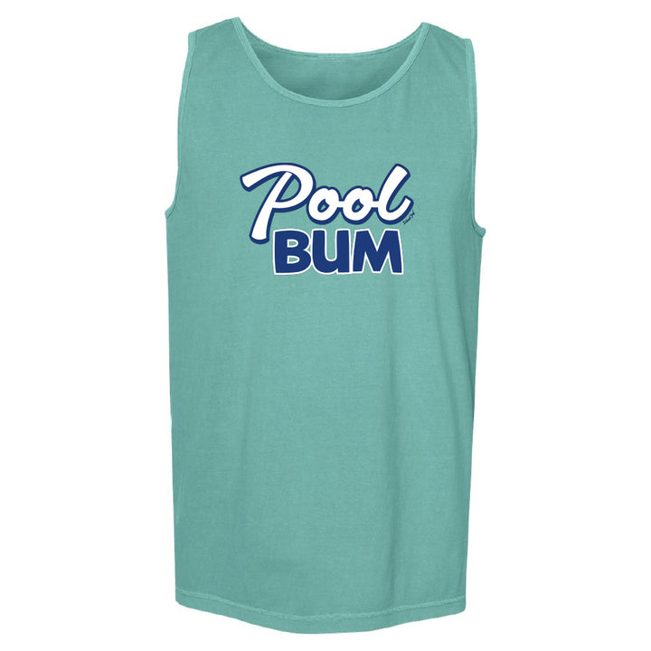 Teal tank top with 'Pool Bum' text on a white background