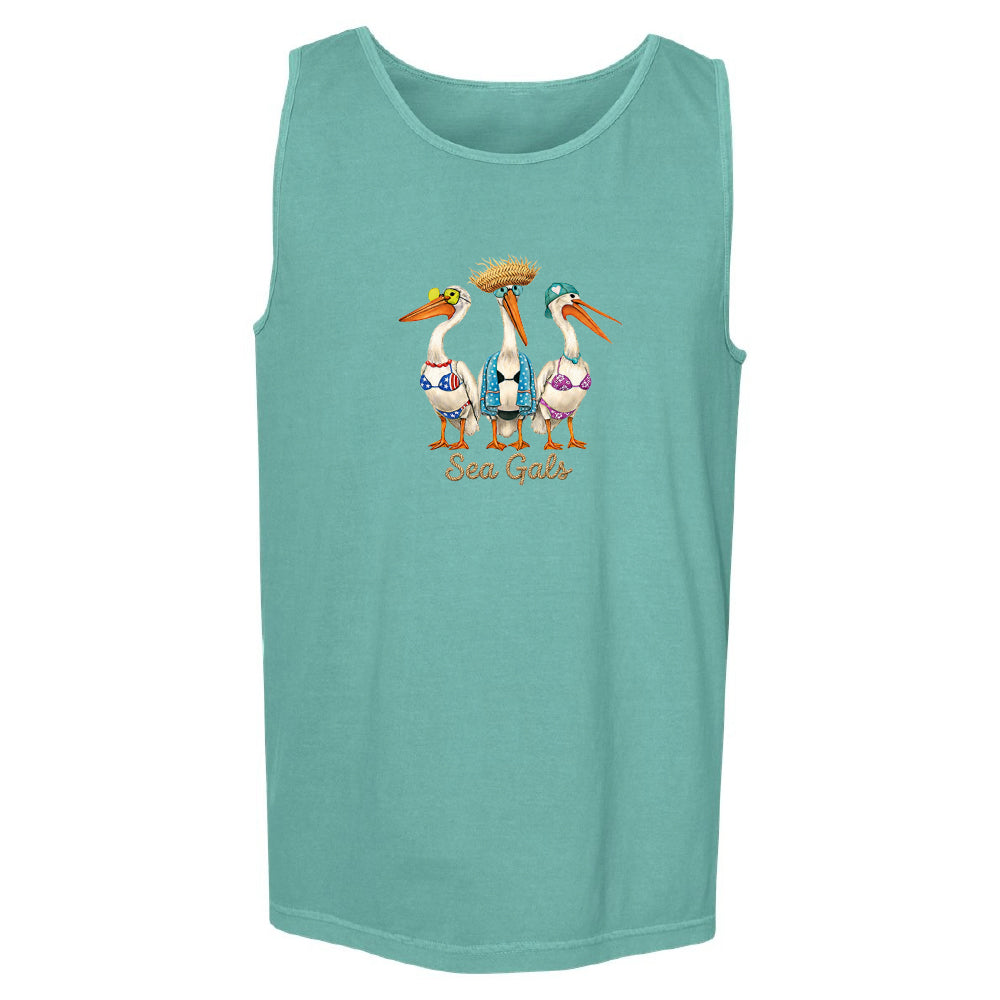 Teal tank top with pelican design and 'Beach Girls' text on a white background