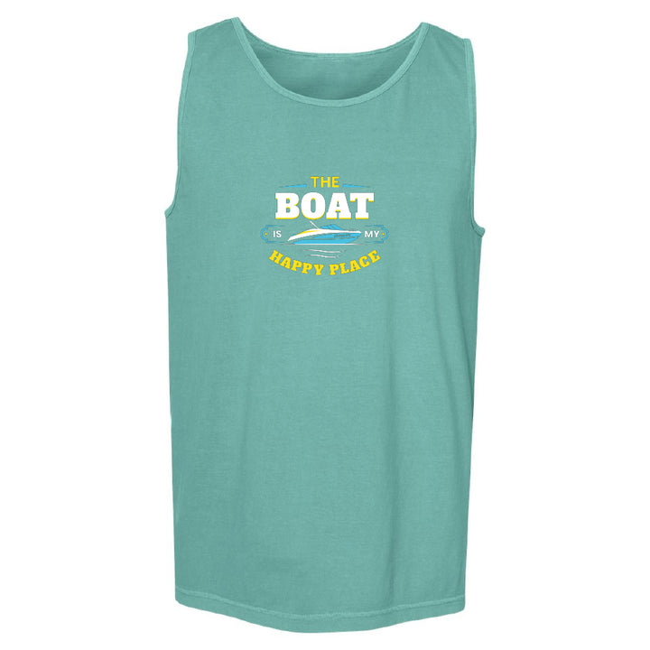 Teal tank top with 'The Boat is My Happy Place' text and graphic on a white background
