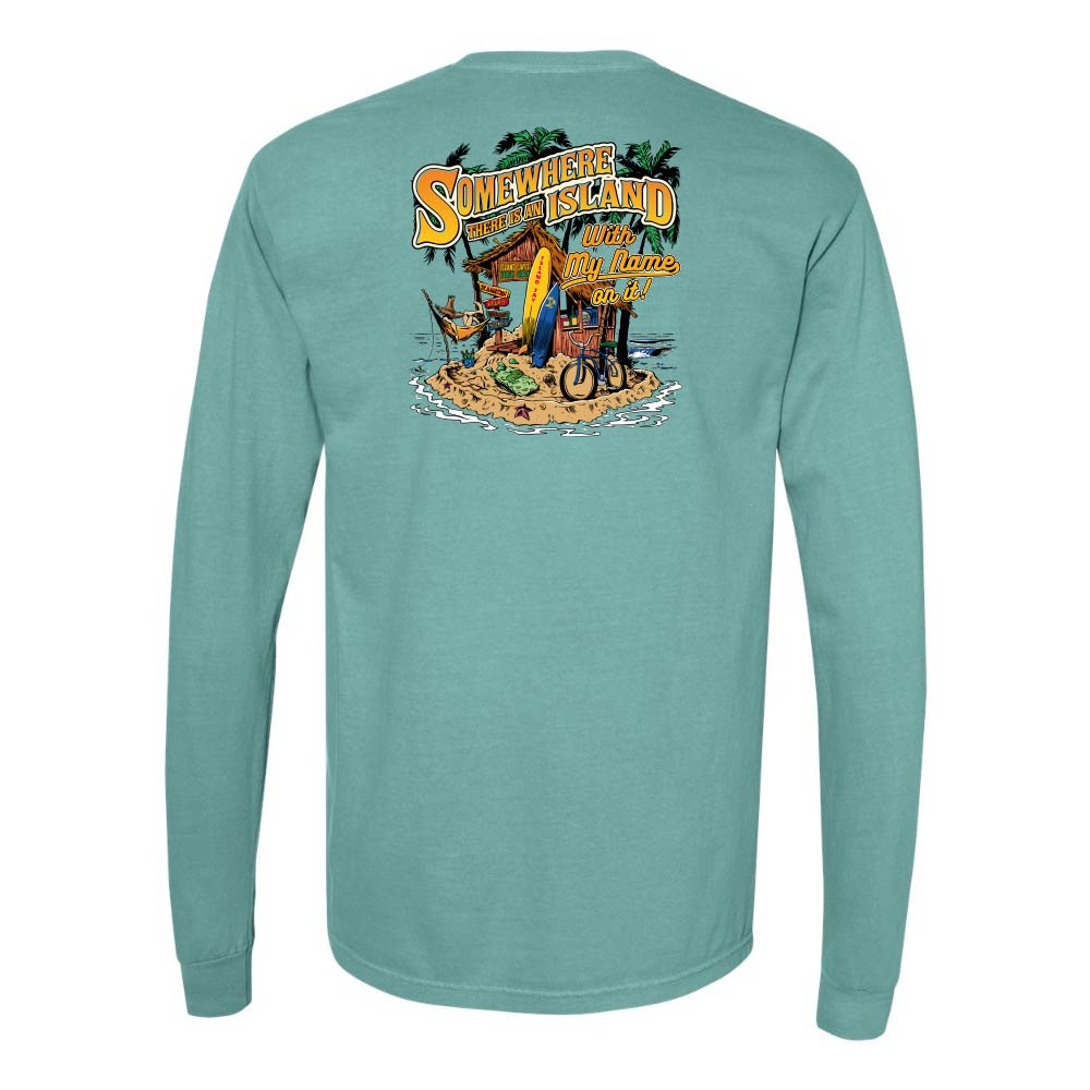 Teal long-sleeve shirt with a graphic design on the back against a white background
