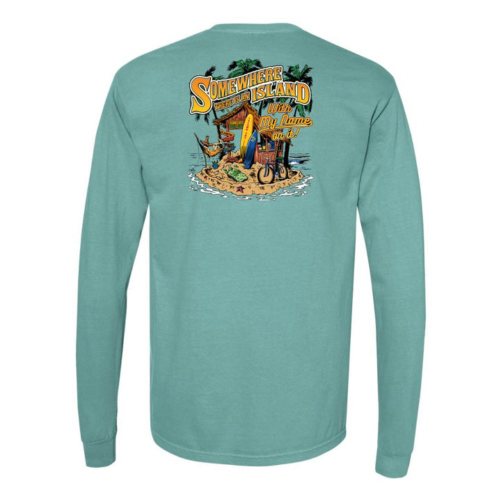 Teal long-sleeve shirt with a graphic design on the back against a white background