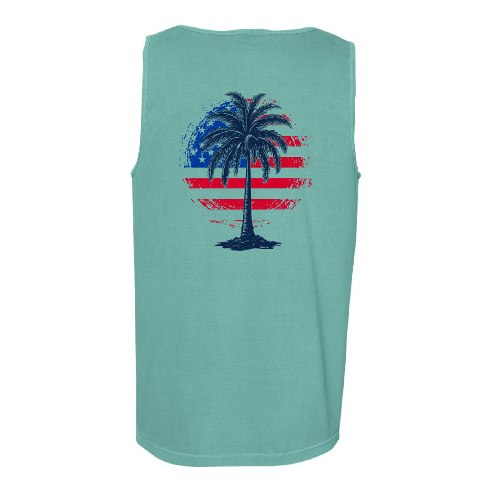Light blue sleeveless shirt with a palm tree and American flag design on a white background