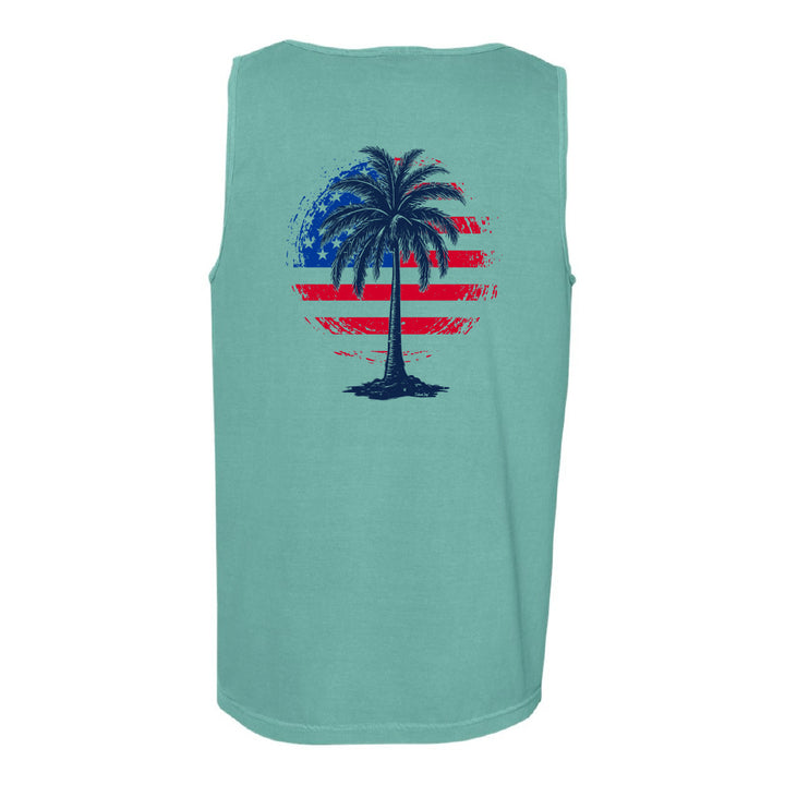 Light blue sleeveless shirt with a palm tree and American flag design on a white background