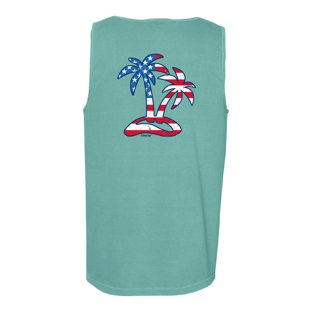 Teal sleeveless shirt with American flag palm trees on a white background