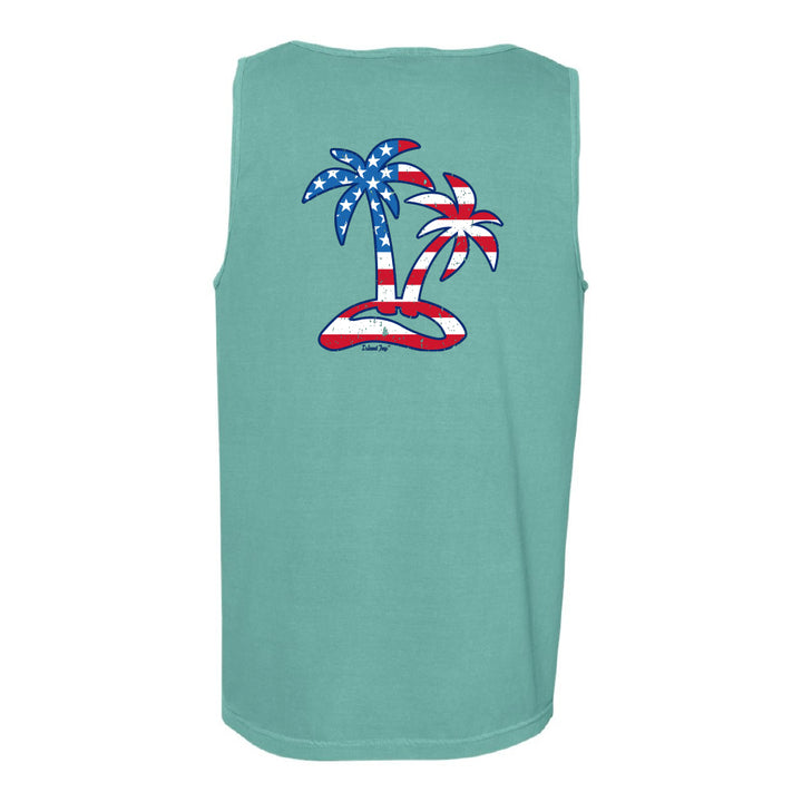 Teal sleeveless shirt with American flag palm trees on a white background