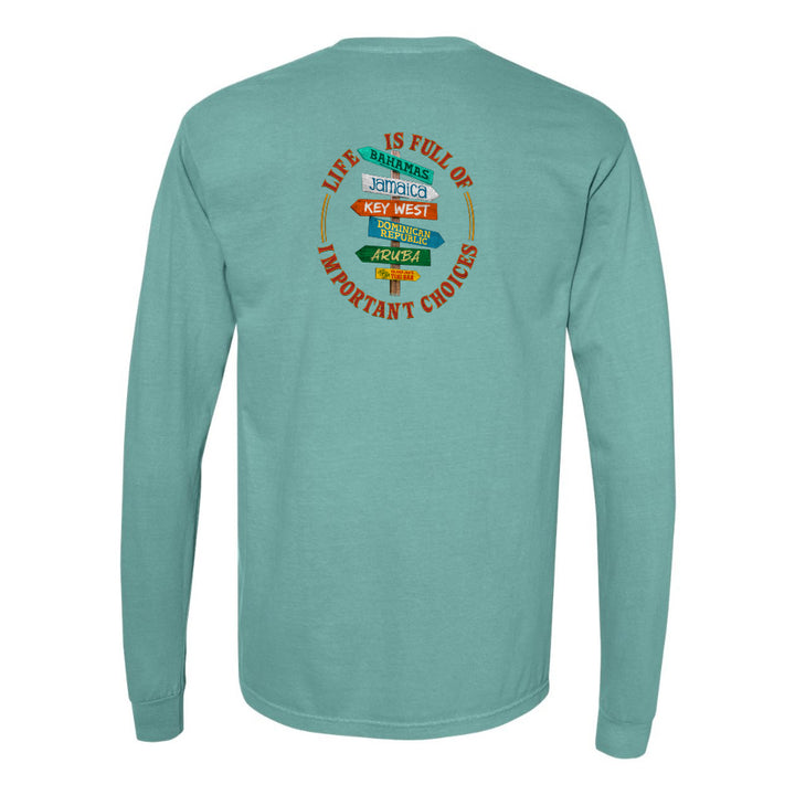 Teal long-sleeve shirt with colorful graphic on the back against a white background