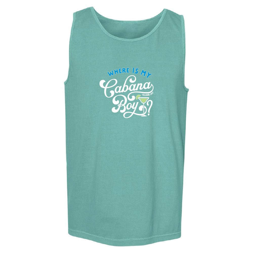 Teal tank top with white and blue text on a white background