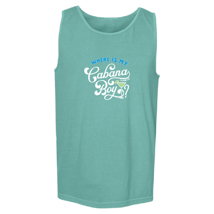 Teal tank top with white and blue text on a white background