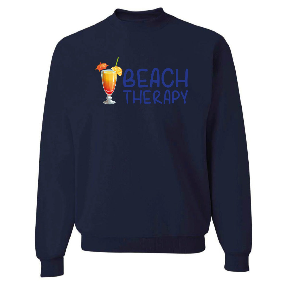 Navy blue sweatshirt with 'Beach Therapy' design featuring a cocktail graphic on a white background