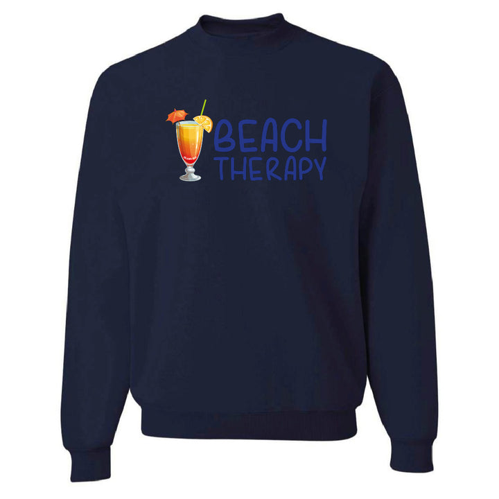 Navy blue sweatshirt with 'Beach Therapy' design featuring a cocktail graphic on a white background