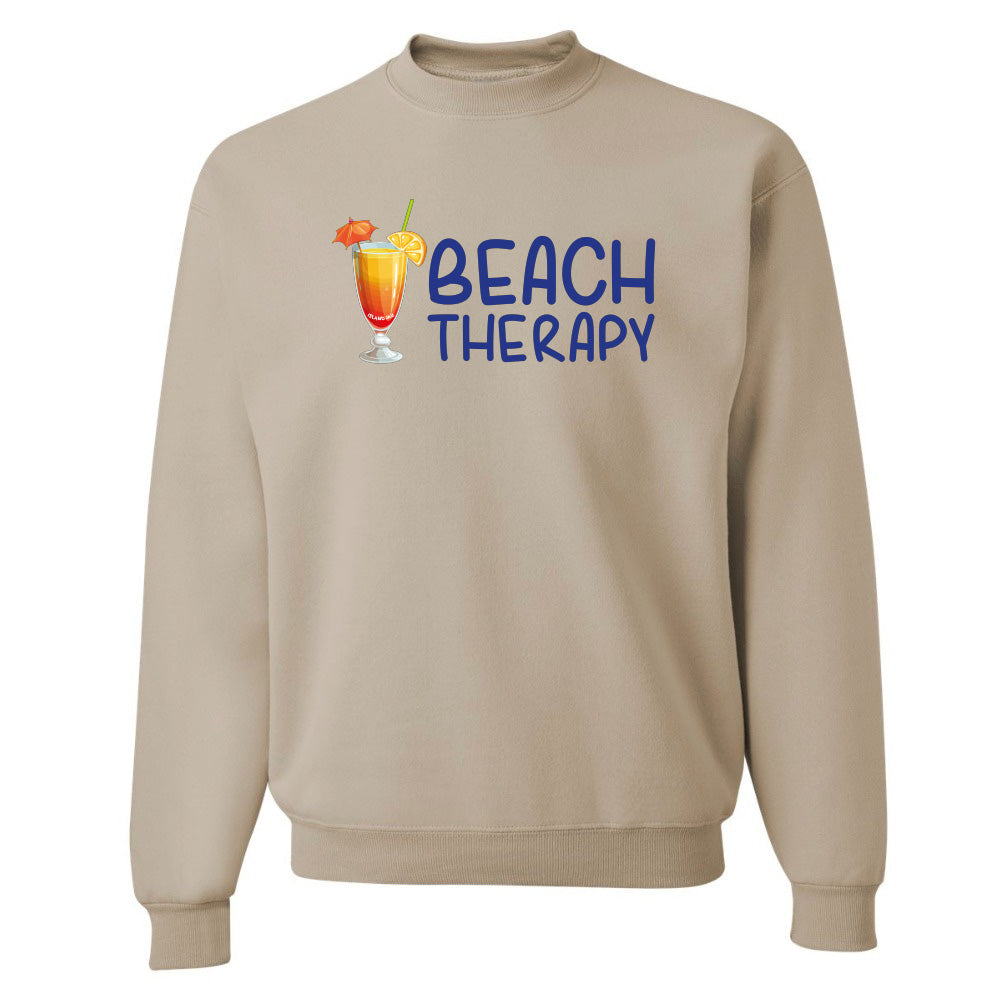 Beige sweatshirt with 'Beach Therapy' text and cocktail graphic on a white background