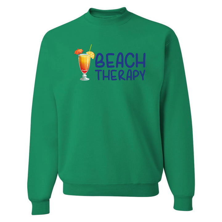 Green sweatshirt with 'Beach Therapy' text and cocktail graphic on a white background